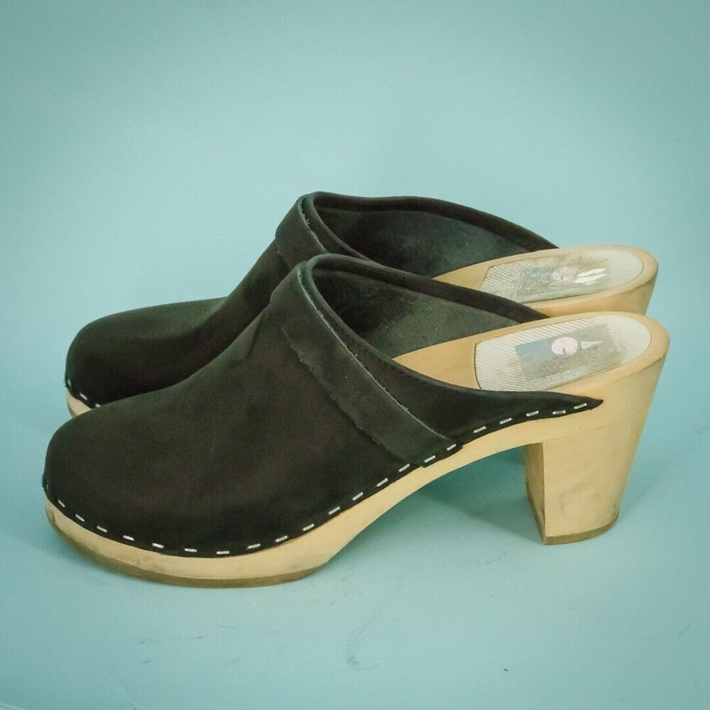 Maguba 39 Size 9 Berkely Black Nubuck Leather Wood Sole Scandinavian Clogs Shoes - Picture 3 of 7